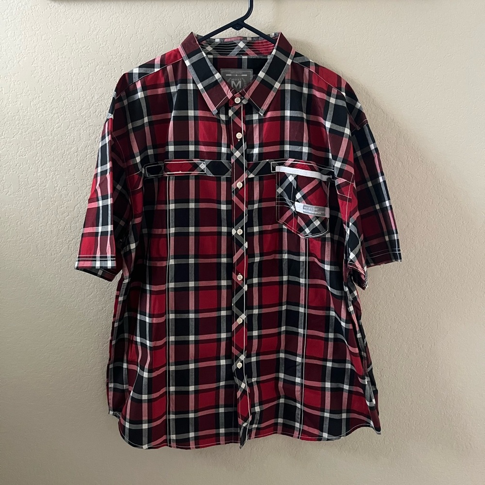 MO7 Men’s Plaid Button‑Down Shirt | 4XL | Red, Black & White | Short Sleeve